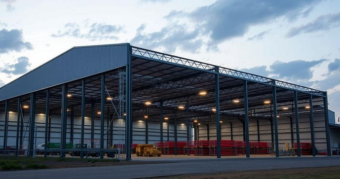 Estrutura metálica iluminada em operação noturna